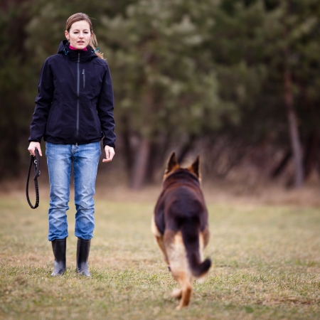 12405587 - master and her obedient (german shepherd) dog